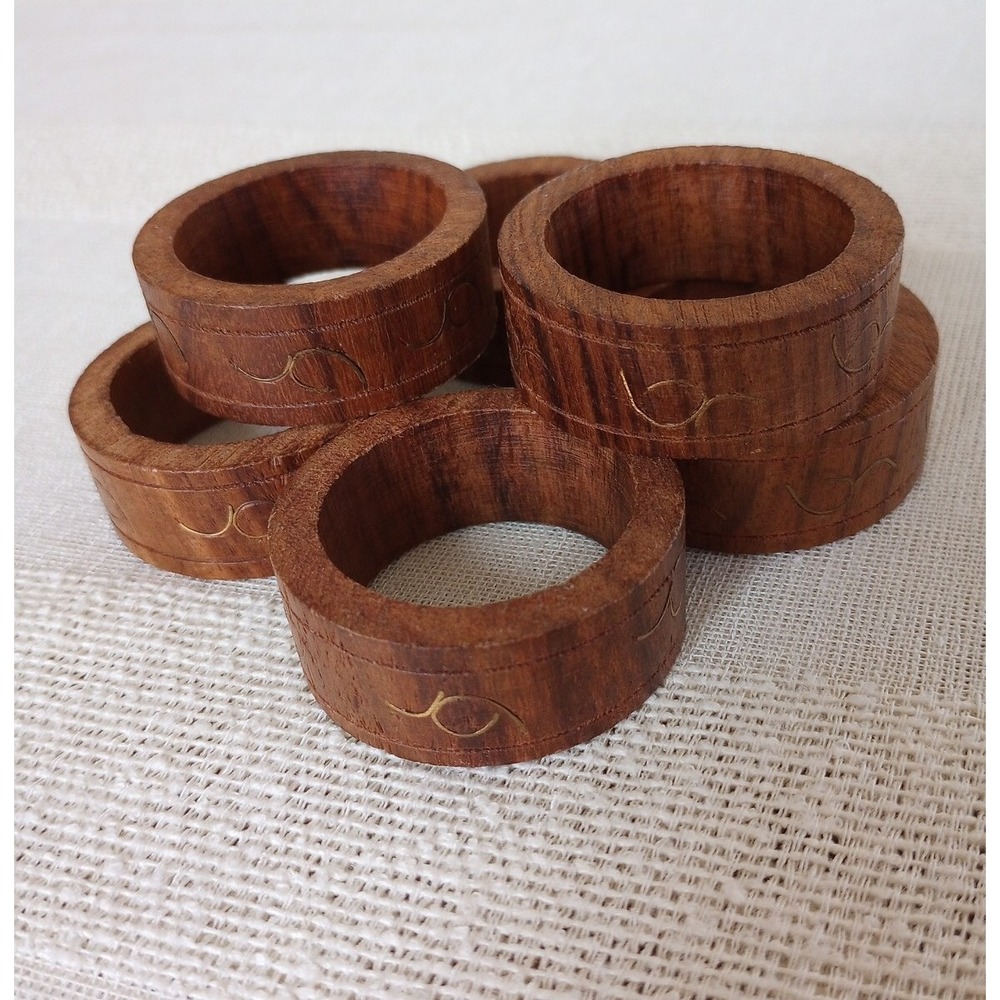 VTG Mid-Century Modern Set of 6 Wood Napkin Rings W/ Brass Inlay Made in India